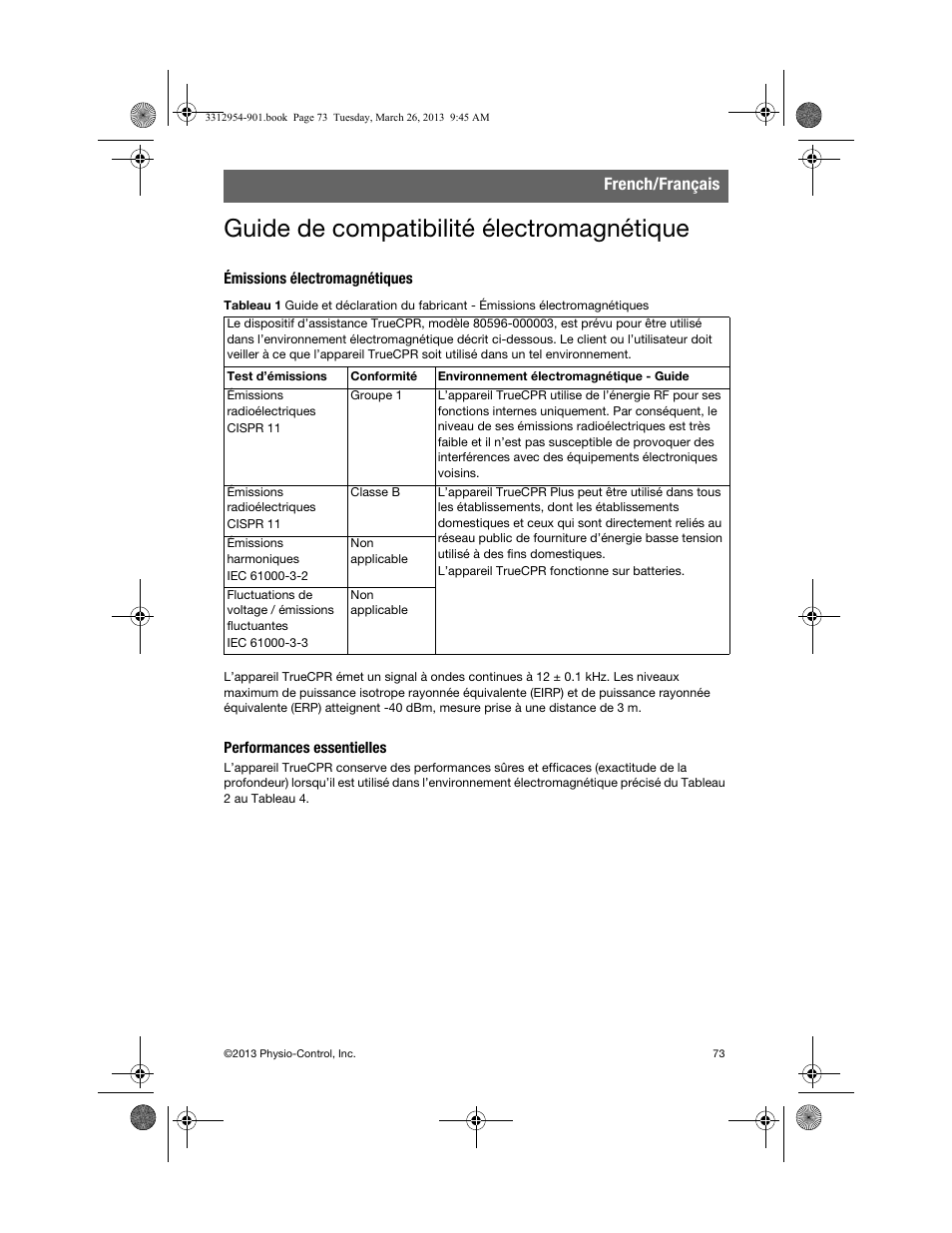 Guide de compatibilité électromagnétique, Émissions électromagnétiques, Performances essentielles | French/français | Physio-Control TrueCPR User Manual | Page 77 / 84