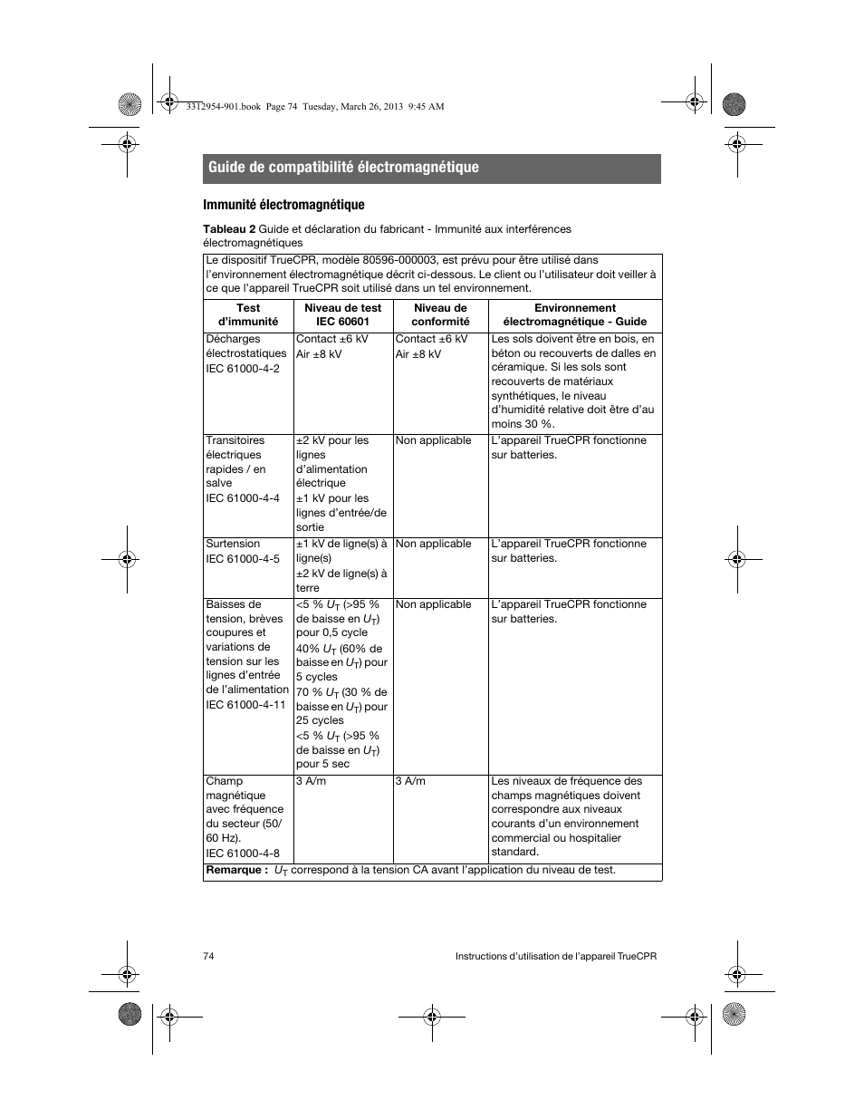 Immunité électromagnétique, Guide de compatibilité électromagnétique | Physio-Control TrueCPR User Manual | Page 78 / 84