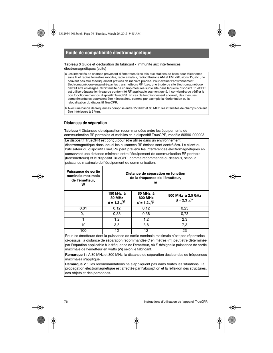 Distances de séparation, Guide de compatibilité électromagnétique | Physio-Control TrueCPR User Manual | Page 80 / 84