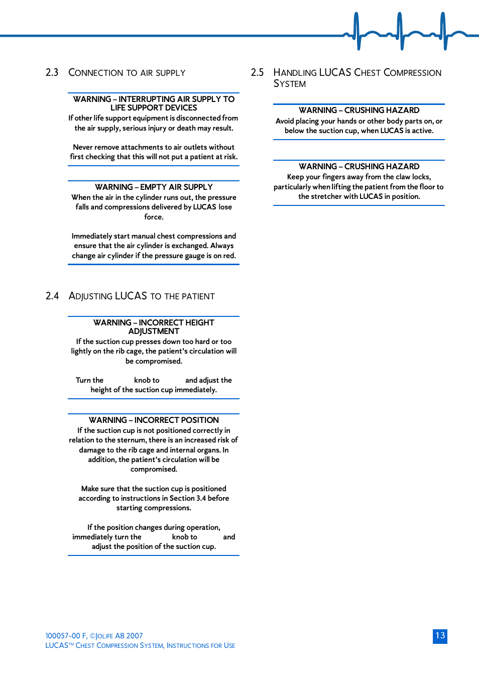 3 connection to air supply, 4 adjusting lucas to the patient, 5 handling lucas chest compression system | Onnection, Supply, Djusting, Lucas, Andling, Lucas c | Physio-Control LUCAS User Manual | Page 13 / 40