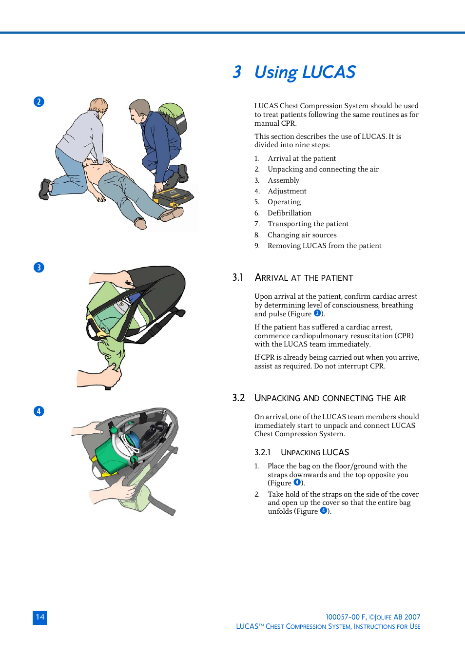 3 using lucas, 1 arrival at the patient, 2 unpacking and connecting the air | 1 unpacking lucas, Sing, Lucas, Rrival, Patient, Npacking, Connecting | Physio-Control LUCAS User Manual | Page 14 / 40