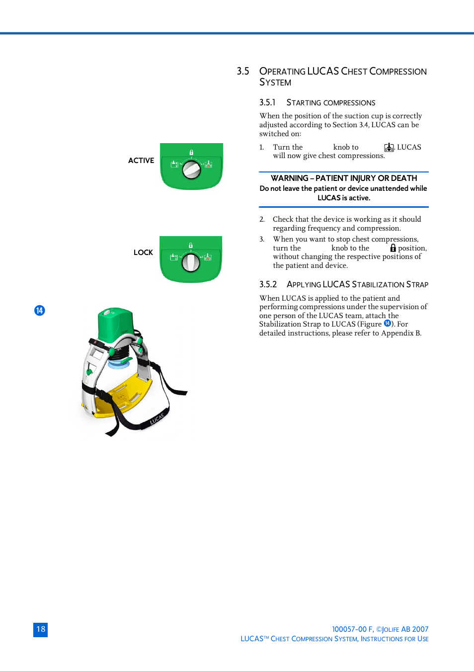 5 operating lucas chest compression system, 1 starting compressions, 2 applying lucas stabilization strap | Perating, Lucas c | Physio-Control LUCAS User Manual | Page 18 / 40