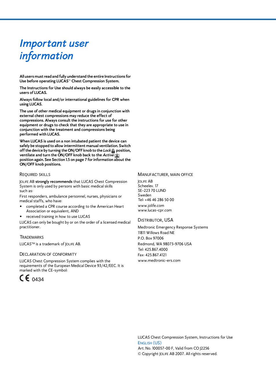 Important user information | Physio-Control LUCAS User Manual | Page 2 / 40