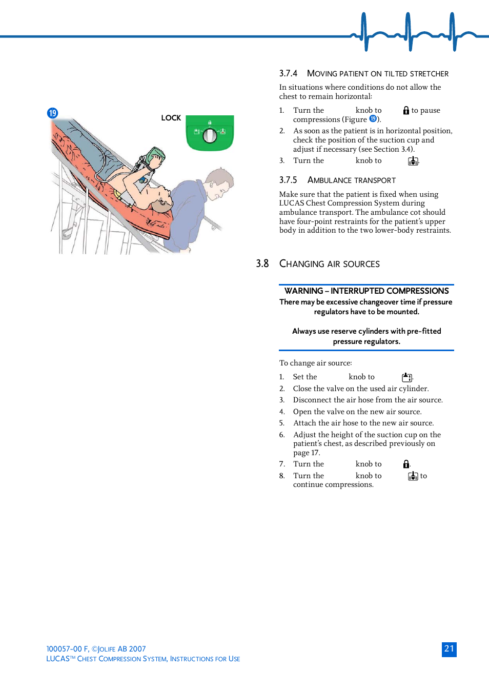 4 moving patient on tilted stretcher, 5 ambulance transport, 8 changing air sources | Hanging, Sources | Physio-Control LUCAS User Manual | Page 21 / 40