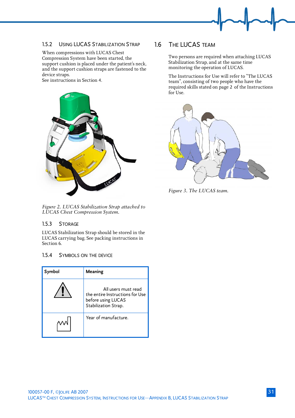 2 using lucas stabilization strap, 3 storage, 4 symbols on the device | 6 the lucas team, Lucas, Lucas s | Physio-Control LUCAS User Manual | Page 31 / 40