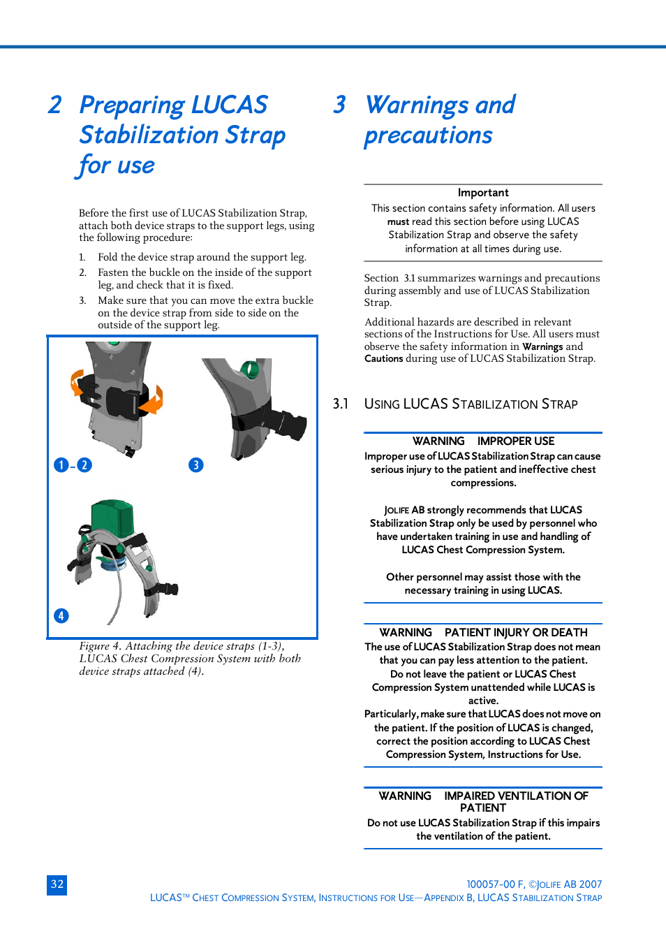 2 preparing lucas stabilization strap for use, 3 warnings and precautions, 1 using lucas stabilization strap | Reparing, Lucas s, Arnings, Precautions, Sing, Q- w e r | Physio-Control LUCAS User Manual | Page 32 / 40