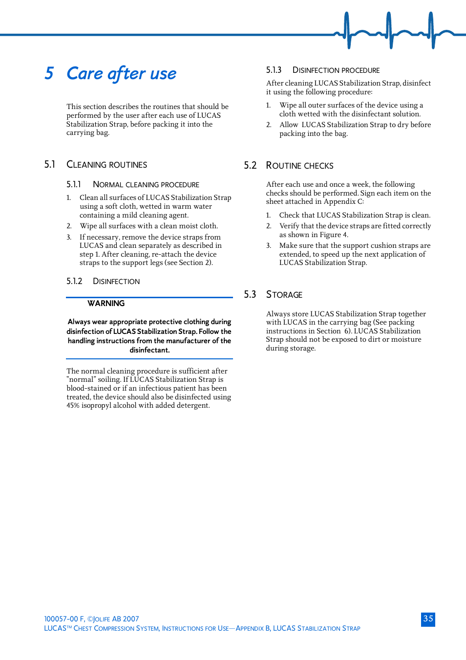 5 care after use, 1 cleaning routines, 1 normal cleaning procedure | 2 disinfection, 3 disinfection procedure, 2 routine checks, 3 storage, After, Leaning, Routines | Physio-Control LUCAS User Manual | Page 35 / 40