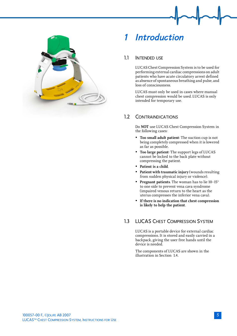 1 introduction, 1 intended use, 2 contraindications | 3 lucas chest compression system, Ntroduction, Ntended, Ontraindications, 3 lucas c | Physio-Control LUCAS User Manual | Page 5 / 40