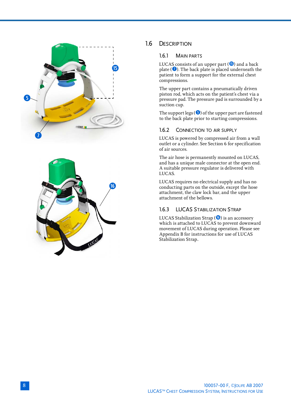 6 description, 1 main parts, 2 connection to air supply | 3 lucas stabilization strap, Escription, Uh t j | Physio-Control LUCAS User Manual | Page 8 / 40