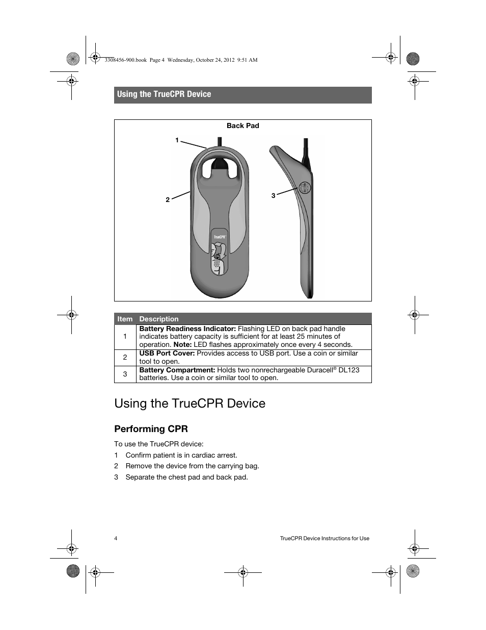 Using the truecpr device, Performing cpr | Physio-Control TrueCPR User Manual | Page 10 / 106