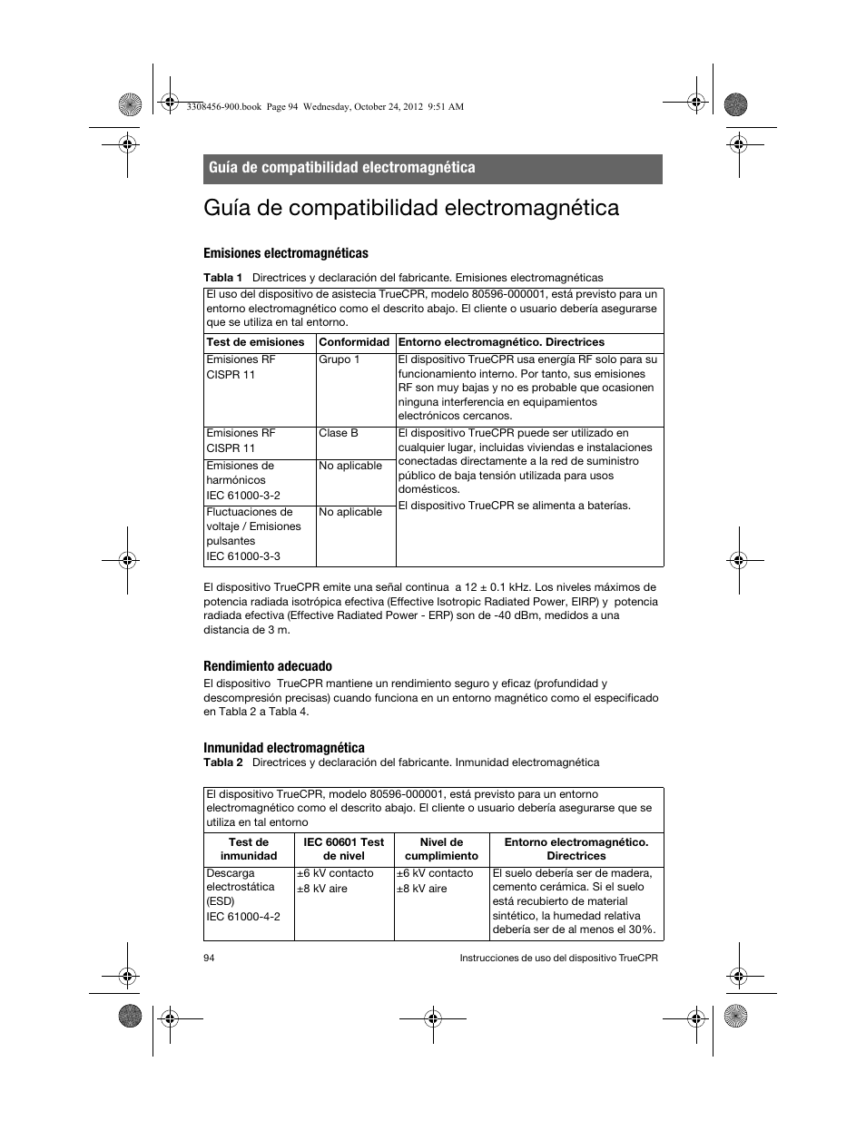 Guía de compatibilidad electromagnética, Emisiones electromagnéticas, Rendimiento adecuado | Inmunidad electromagnética | Physio-Control TrueCPR User Manual | Page 100 / 106