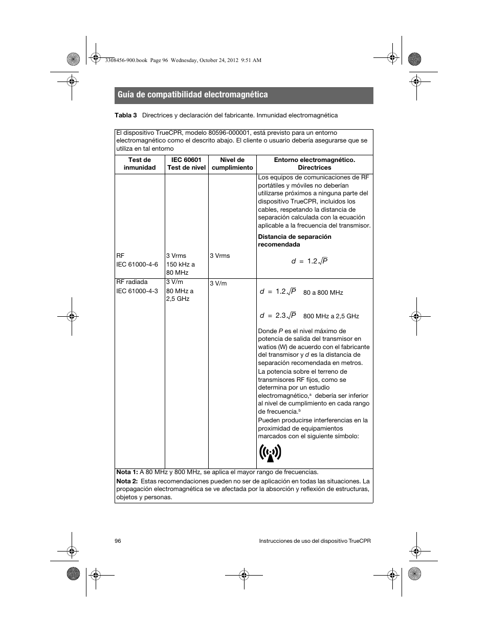 Guía de compatibilidad electromagnética | Physio-Control TrueCPR User Manual | Page 102 / 106