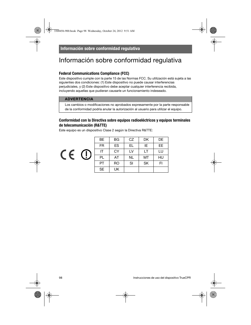 Información sobre conformidad regulativa, Federal communications compliance (fcc) | Physio-Control TrueCPR User Manual | Page 104 / 106