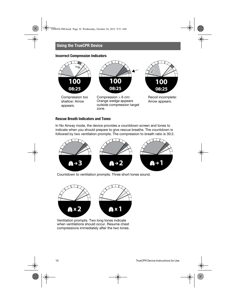 Incorrect compression indicators, Rescue breath indicators and tones, Using the truecpr device | Physio-Control TrueCPR User Manual | Page 16 / 106