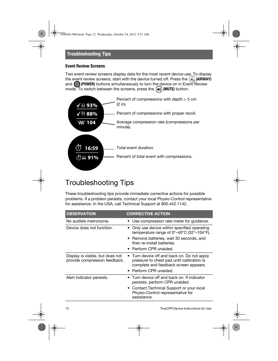 Event review screens, Troubleshooting tips | Physio-Control TrueCPR User Manual | Page 18 / 106