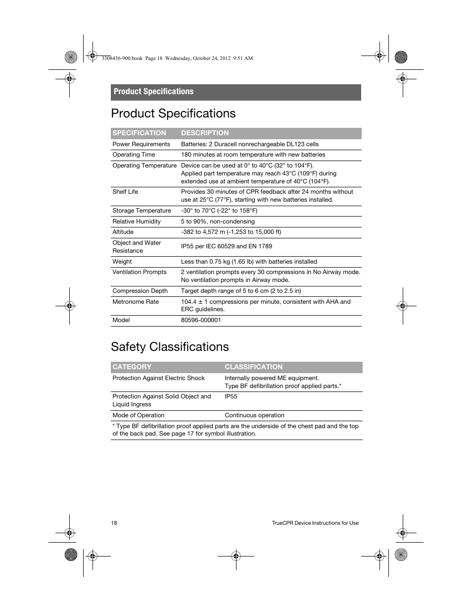 Product specifications, Safety classifications, Product specifications safety classifications | Physio-Control TrueCPR User Manual | Page 24 / 106