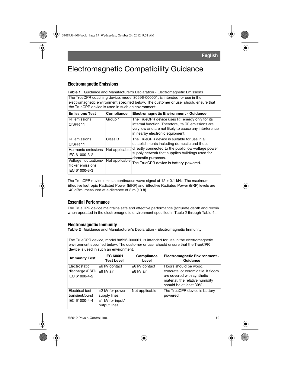 Electromagnetic emissions, Essential performance, Electromagnetic immunity | Electromagnetic compatibility guidance, English | Physio-Control TrueCPR User Manual | Page 25 / 106