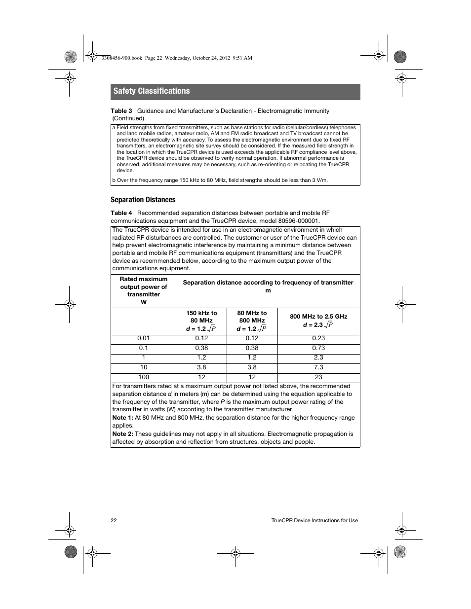 Separation distances, Safety classifications | Physio-Control TrueCPR User Manual | Page 28 / 106