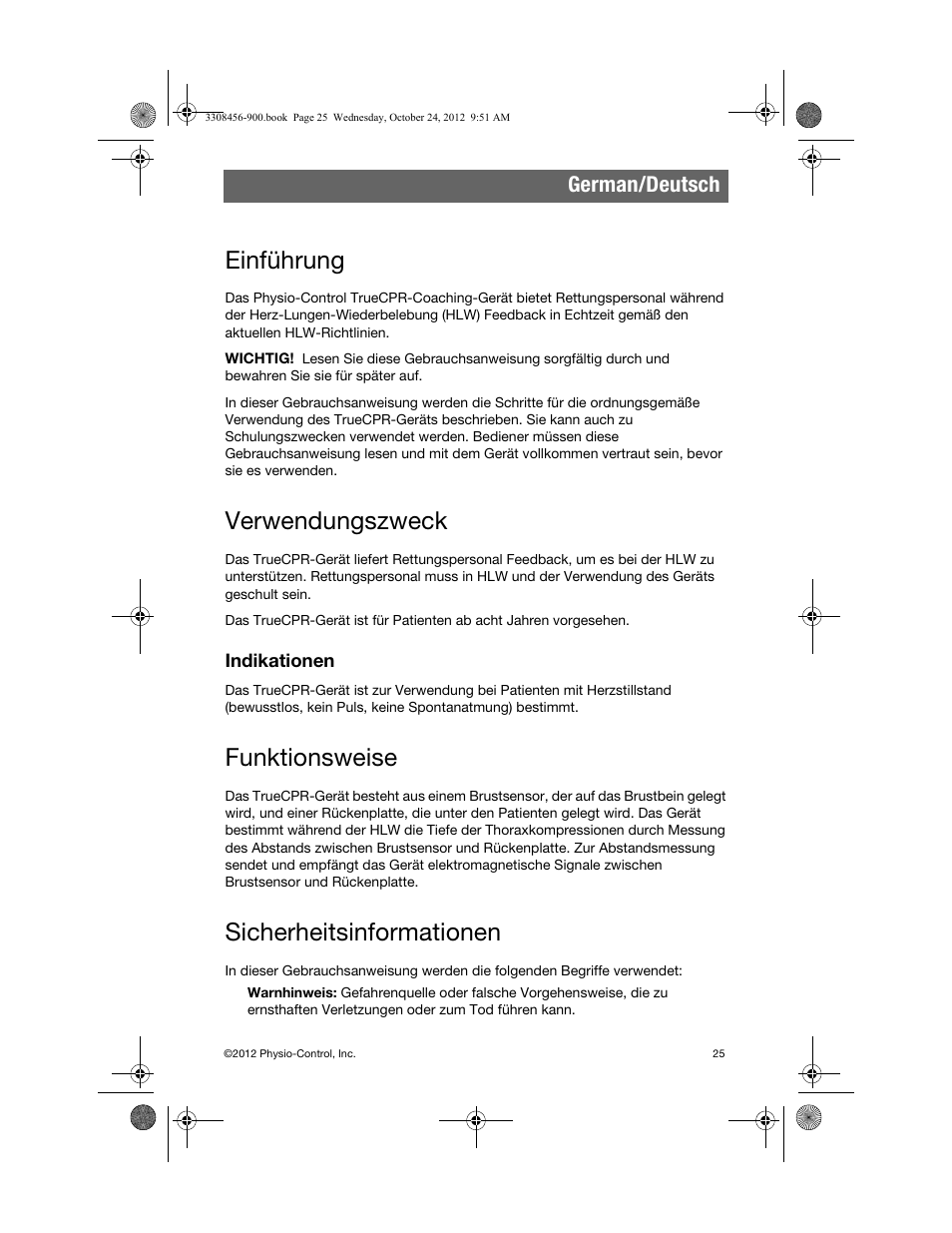 Einführung, Verwendungszweck, Indikationen | Funktionsweise, Sicherheitsinformationen, German/deutsch | Physio-Control TrueCPR User Manual | Page 31 / 106