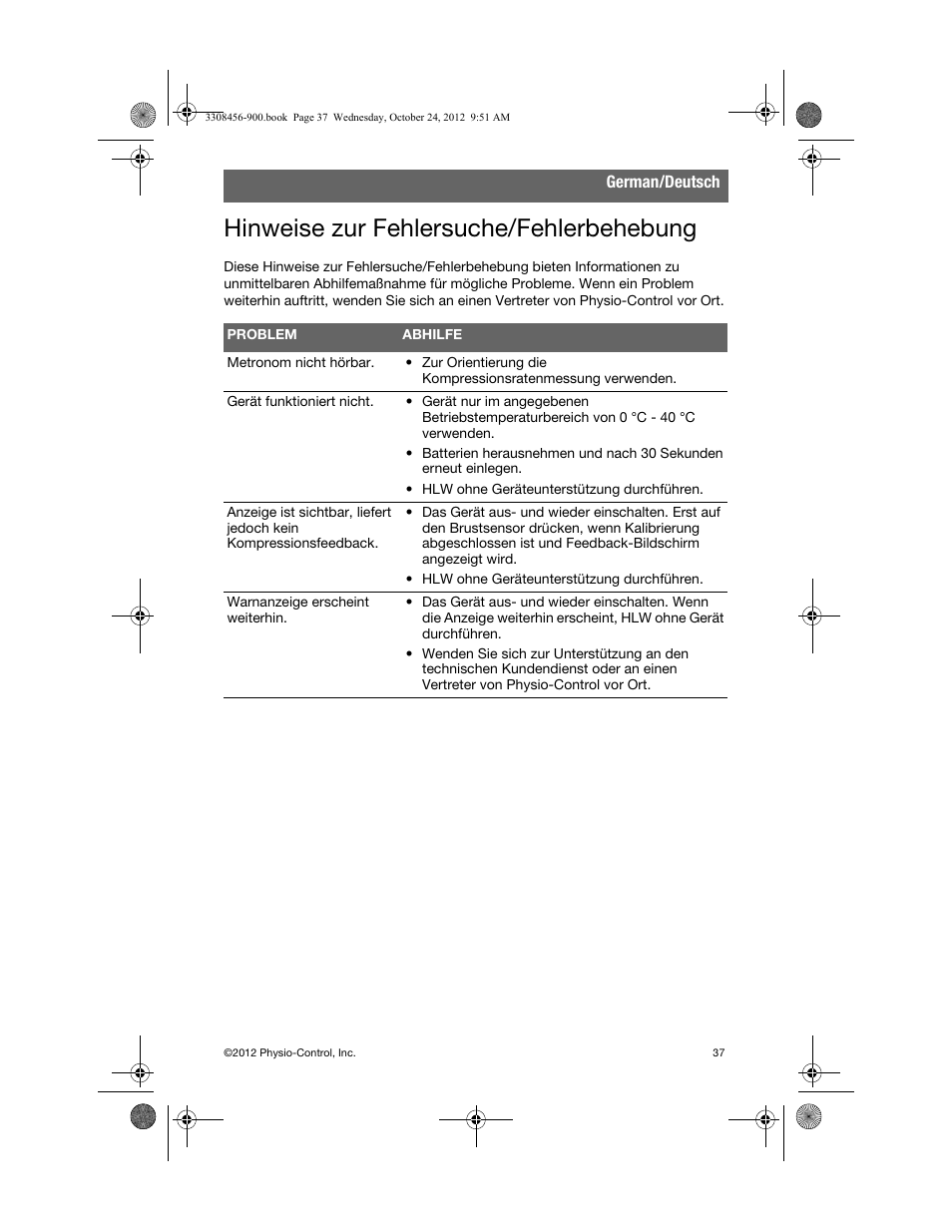 Hinweise zur fehlersuche/fehlerbehebung | Physio-Control TrueCPR User Manual | Page 43 / 106