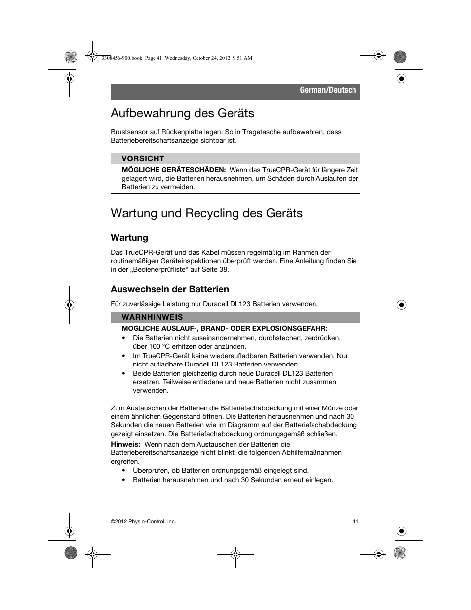 Aufbewahrung des geräts, Wartung und recycling des geräts, Wartung | Auswechseln der batterien | Physio-Control TrueCPR User Manual | Page 47 / 106