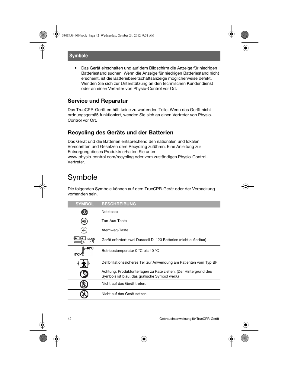 Service und reparatur, Recycling des geräts und der batterien, Symbole | Physio-Control TrueCPR User Manual | Page 48 / 106