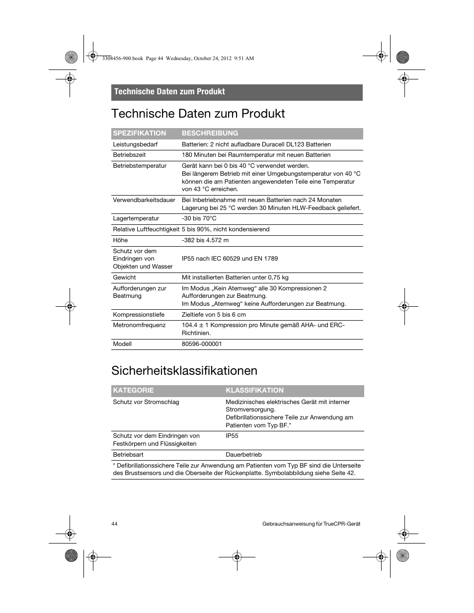 Technische daten zum produkt, Sicherheitsklassifikationen | Physio-Control TrueCPR User Manual | Page 50 / 106