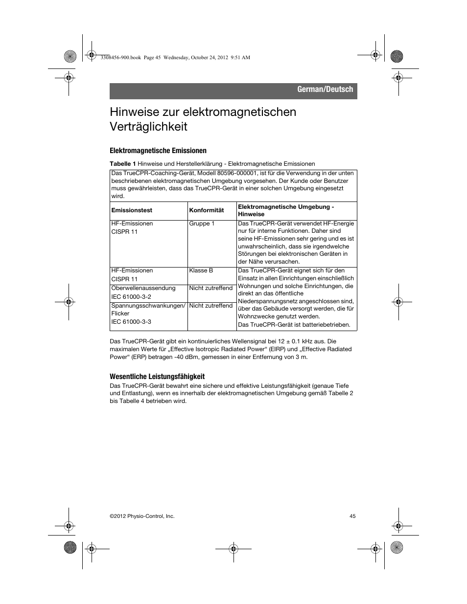 Hinweise zur elektromagnetischen verträglichkeit, Elektromagnetische emissionen, Wesentliche leistungsfähigkeit | German/deutsch | Physio-Control TrueCPR User Manual | Page 51 / 106