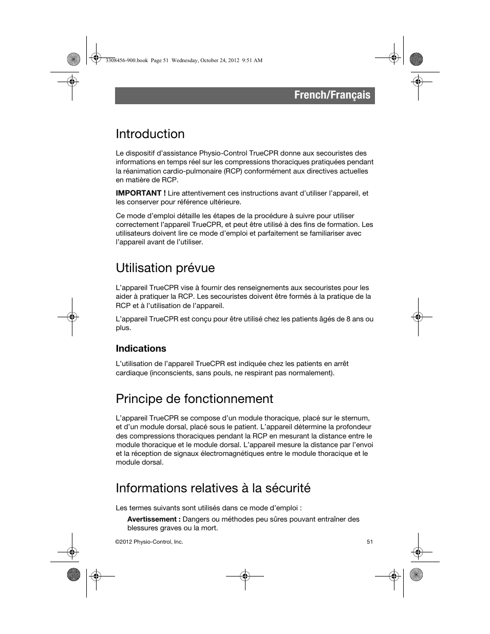 Introduction, Utilisation prévue, Indications | Principe de fonctionnement, Informations relatives à la sécurité, French/français | Physio-Control TrueCPR User Manual | Page 57 / 106