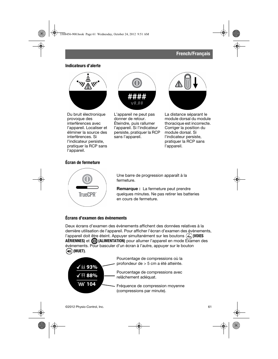 Indicateurs d’alerte, Écran de fermeture, Écrans d’examen des évènements | French/français | Physio-Control TrueCPR User Manual | Page 67 / 106