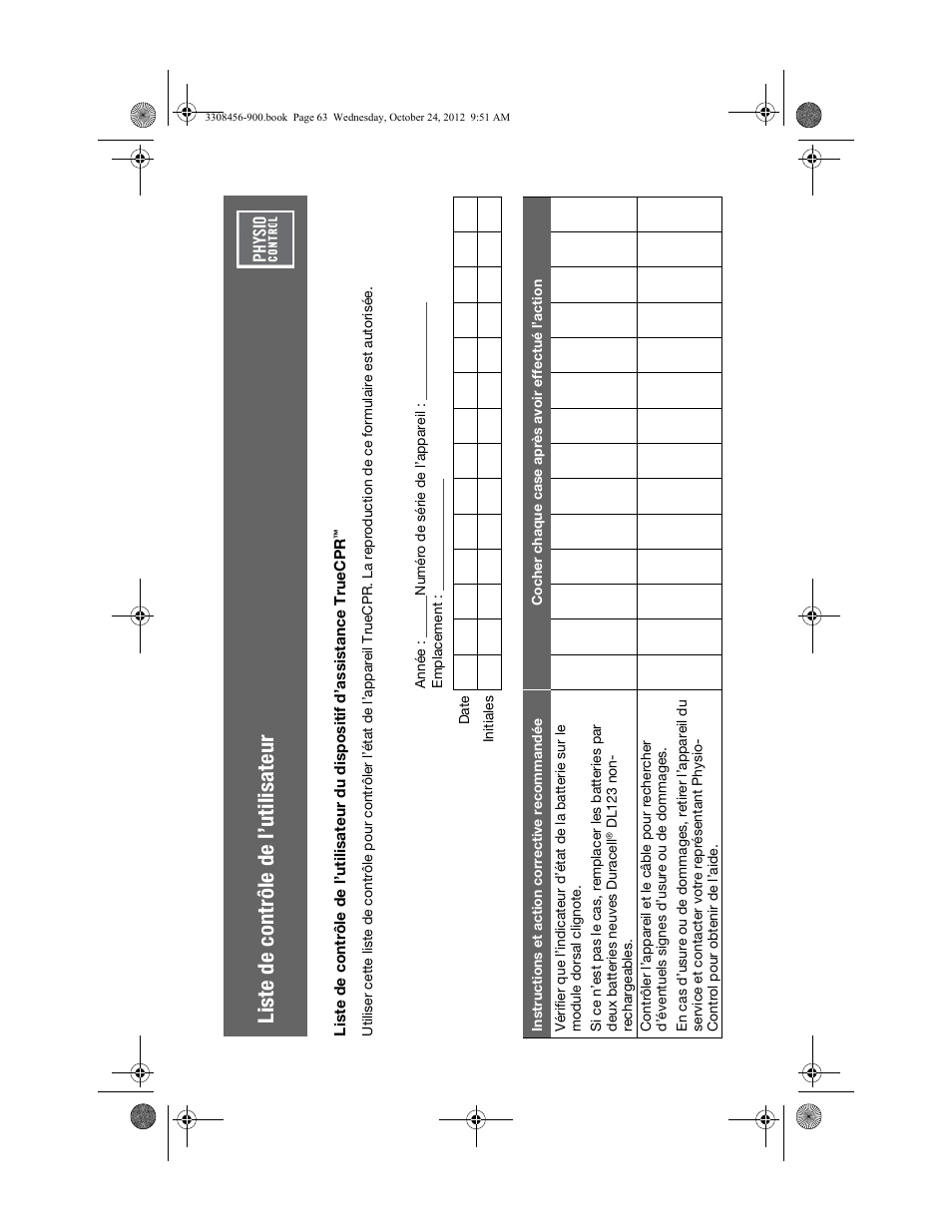 Liste de contrôle de l’utilisateur, Lis te de contrôle de l’utilisateur | Physio-Control TrueCPR User Manual | Page 69 / 106