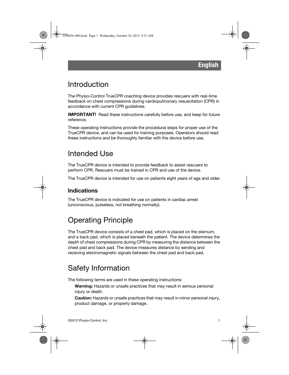 English, Introduction, Intended use | Indications, Operating principle, Safety information | Physio-Control TrueCPR User Manual | Page 7 / 106