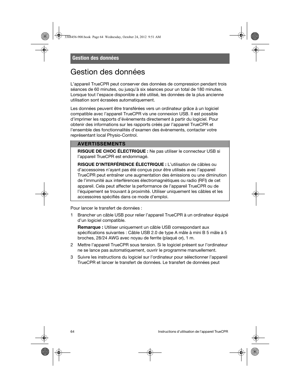 Gestion des données | Physio-Control TrueCPR User Manual | Page 70 / 106