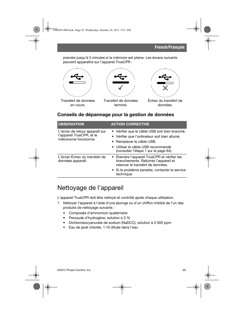 Conseils de dépannage pour la gestion de données, Nettoyage de l’appareil | Physio-Control TrueCPR User Manual | Page 71 / 106