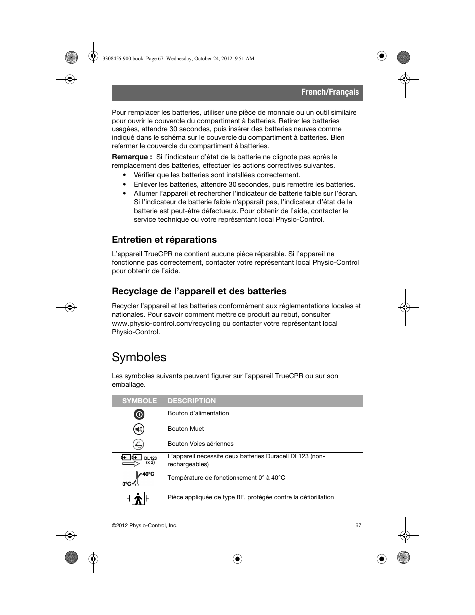 Entretien et réparations, Recyclage de l’appareil et des batteries, Symboles | Physio-Control TrueCPR User Manual | Page 73 / 106