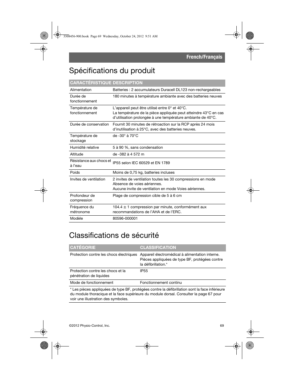 Spécifications du produit, Classifications de sécurité, French/français | Physio-Control TrueCPR User Manual | Page 75 / 106