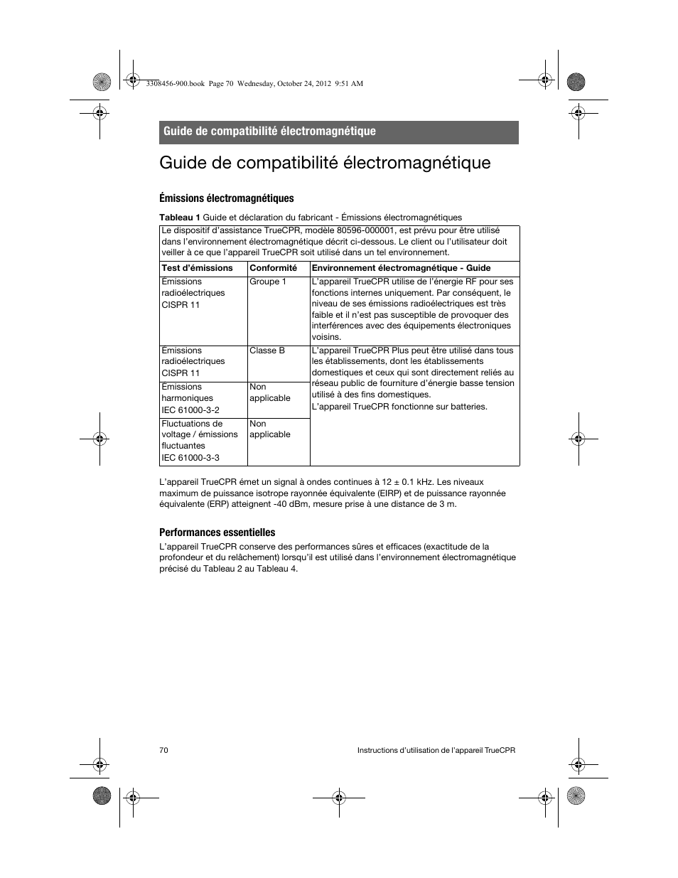 Guide de compatibilité électromagnétique, Émissions électromagnétiques, Performances essentielles | Physio-Control TrueCPR User Manual | Page 76 / 106