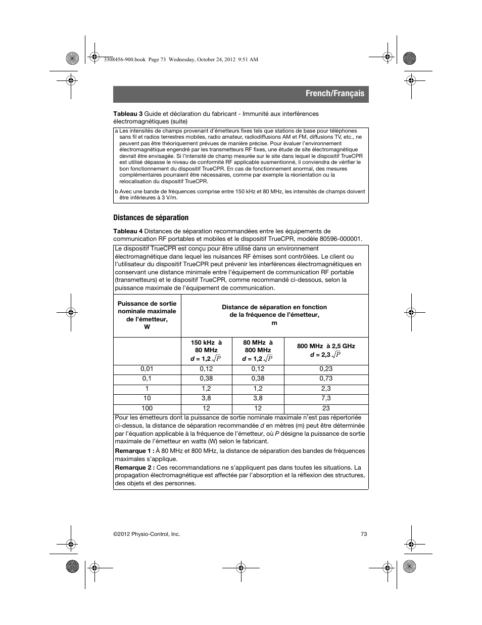 Distances de séparation, French/français | Physio-Control TrueCPR User Manual | Page 79 / 106