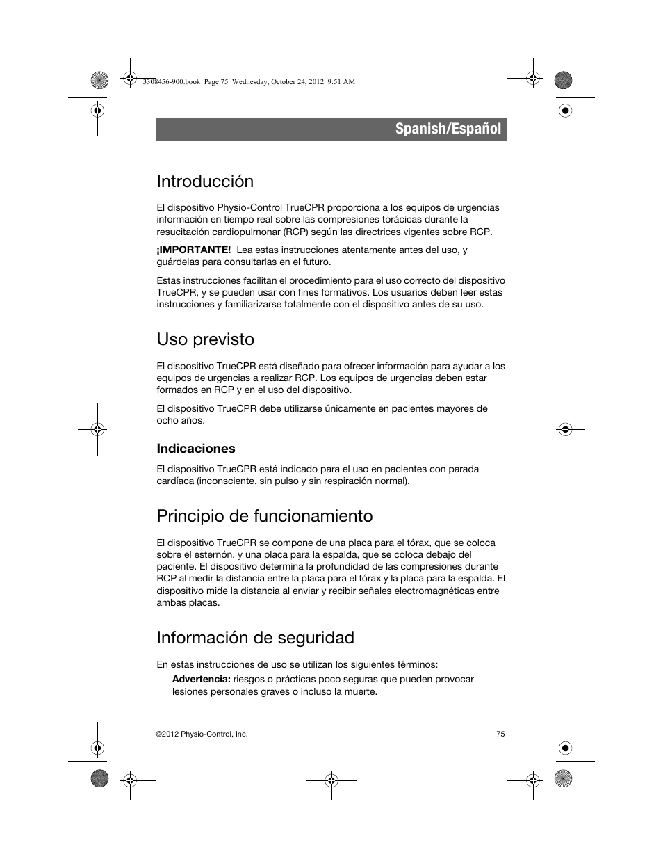 Introducción, Uso previsto, Indicaciones | Principio de funcionamiento, Información de seguridad, Spanish/español | Physio-Control TrueCPR User Manual | Page 81 / 106