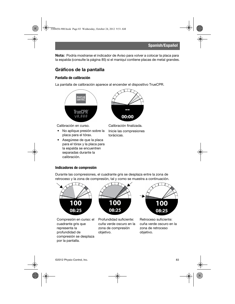 Gráficos de la pantalla, Indicadores de compresión | Physio-Control TrueCPR User Manual | Page 89 / 106