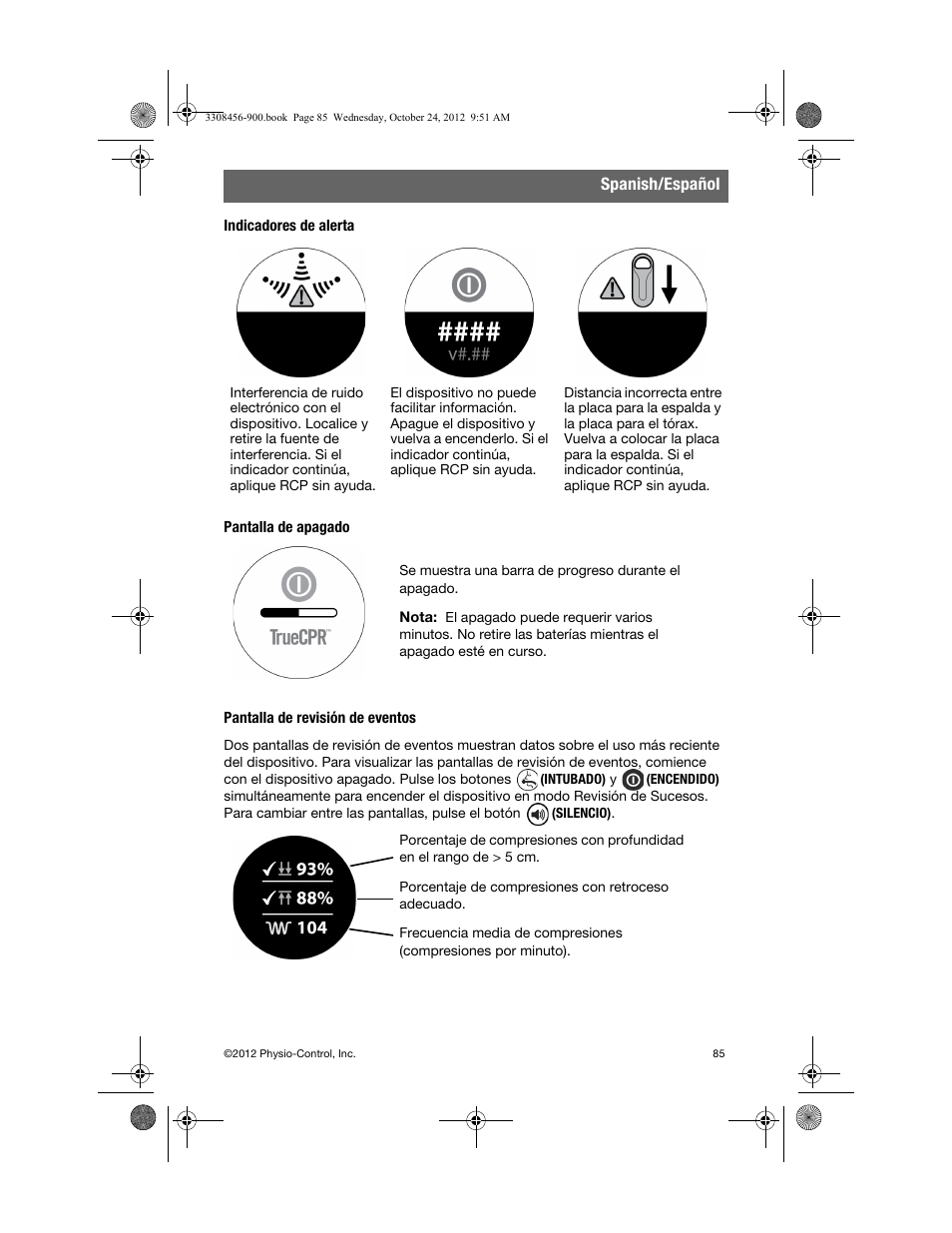 Indicadores de alerta, Pantalla de apagado, Pantalla de revisión de eventos | Spanish/español | Physio-Control TrueCPR User Manual | Page 91 / 106