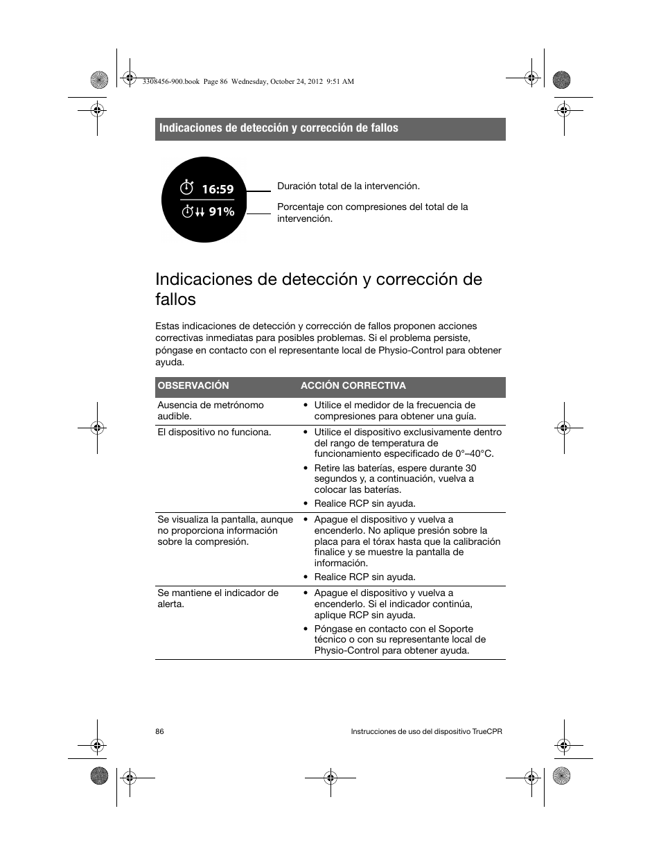 Indicaciones de detección y corrección de fallos | Physio-Control TrueCPR User Manual | Page 92 / 106