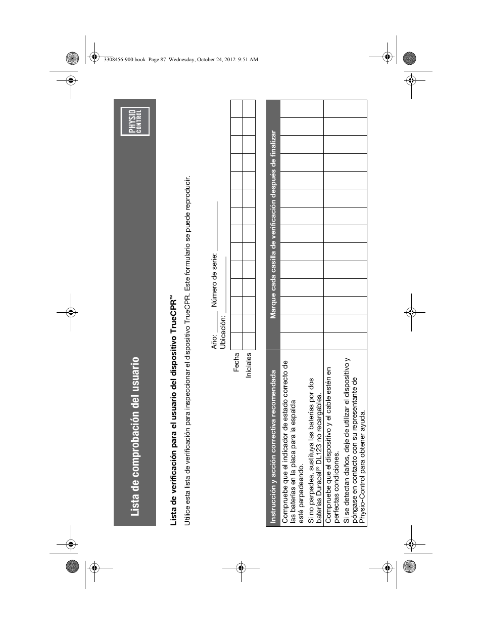 Lista de comprobación del usuario | Physio-Control TrueCPR User Manual | Page 93 / 106