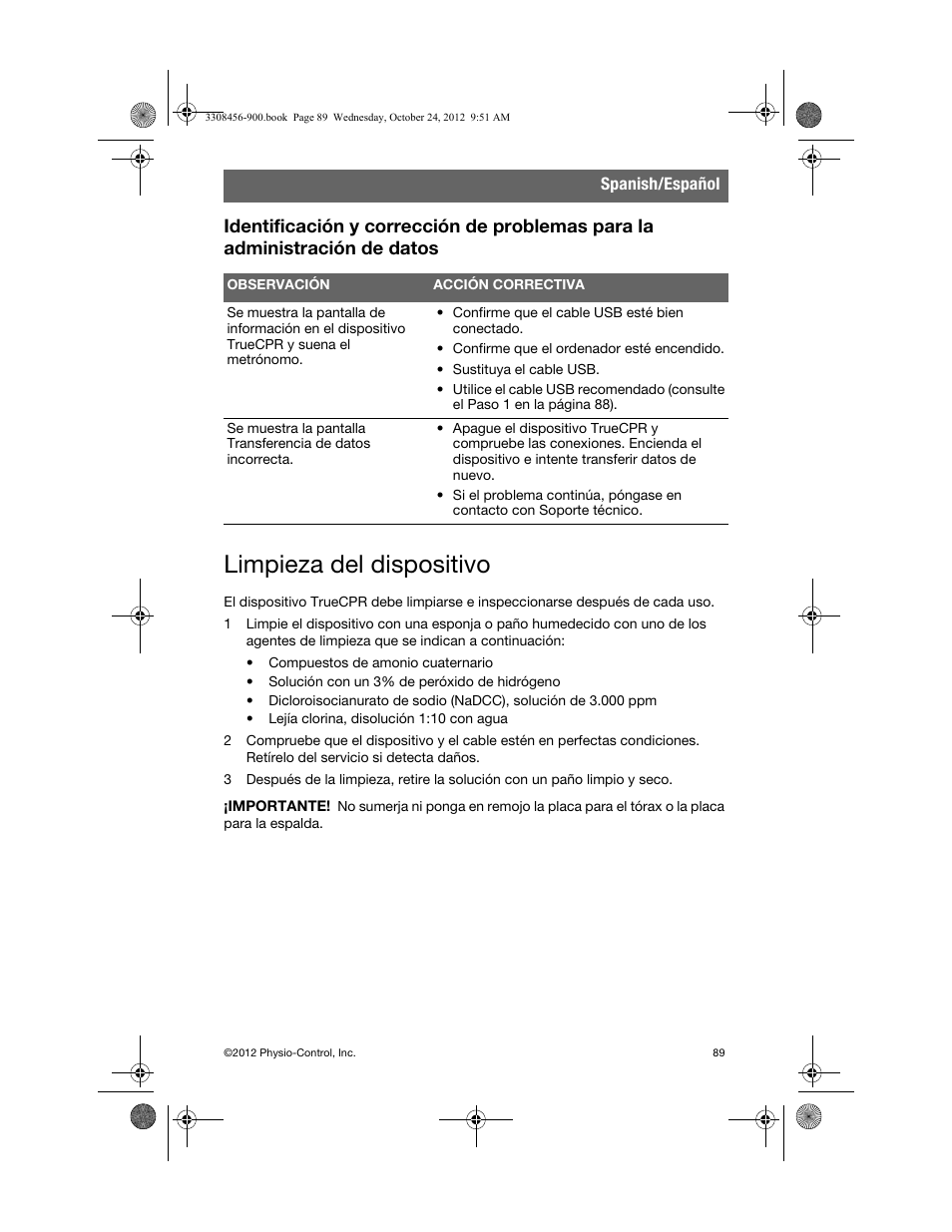 Limpieza del dispositivo | Physio-Control TrueCPR User Manual | Page 95 / 106