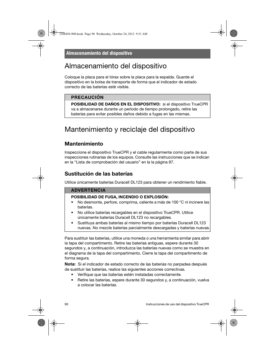 Almacenamiento del dispositivo, Mantenimiento y reciclaje del dispositivo, Mantenimiento | Sustitución de las baterías | Physio-Control TrueCPR User Manual | Page 96 / 106