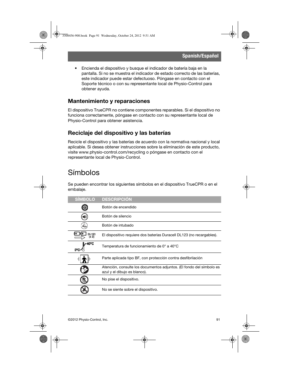 Mantenimiento y reparaciones, Reciclaje del dispositivo y las baterías, Símbolos | Physio-Control TrueCPR User Manual | Page 97 / 106