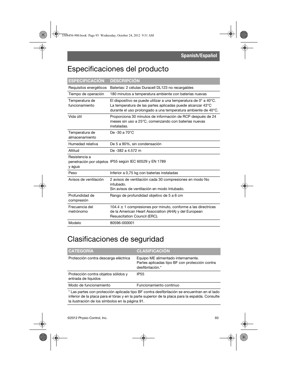 Especificaciones del producto, Clasificaciones de seguridad, Spanish/español | Physio-Control TrueCPR User Manual | Page 99 / 106