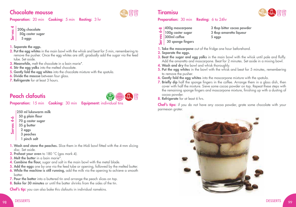 Chocolate mousse tiramisu, Peach clafoutis | Magimix COMPACT 3200 XL User Manual | Page 60 / 79