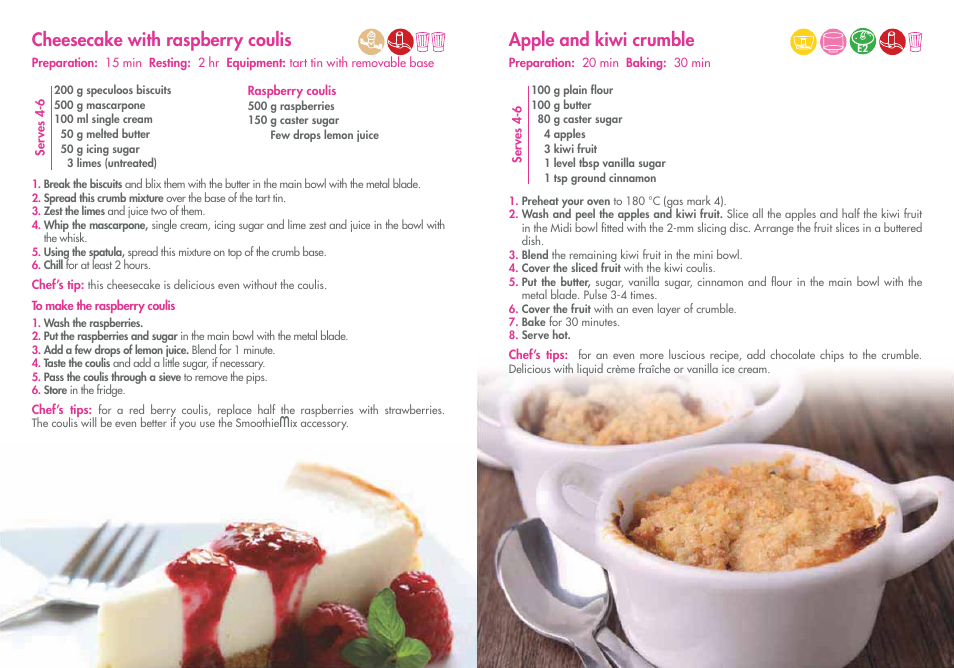 Cheesecake with raspberry coulis, Apple and kiwi crumble | Magimix COMPACT 3200 XL User Manual | Page 69 / 79