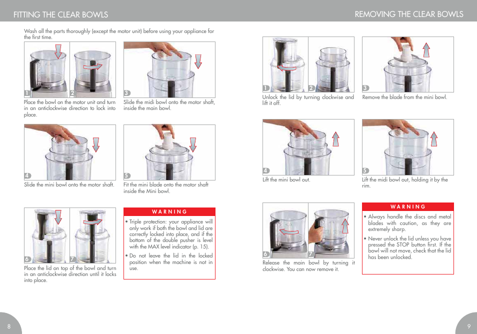 Removing the clear bowls fitting the clear bowls | Magimix COMPACT 3200 XL User Manual | Page 7 / 79